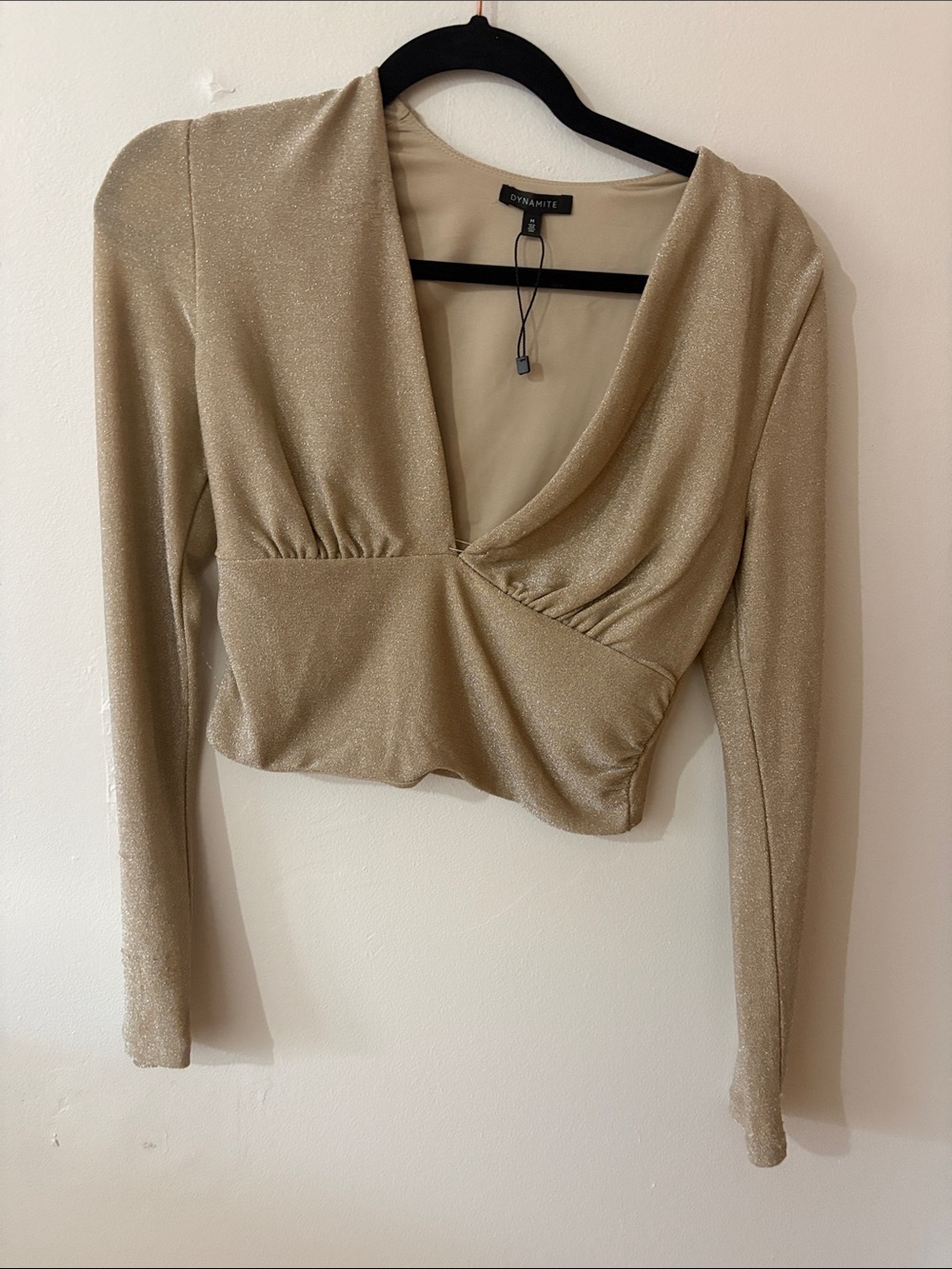 Dynamite Metallic Gold V-Neck Long Sleeve Crop Top